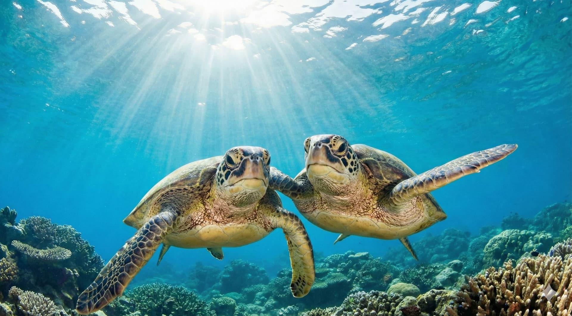 A sea turtle swimming in the clear blue water of Miyakojima