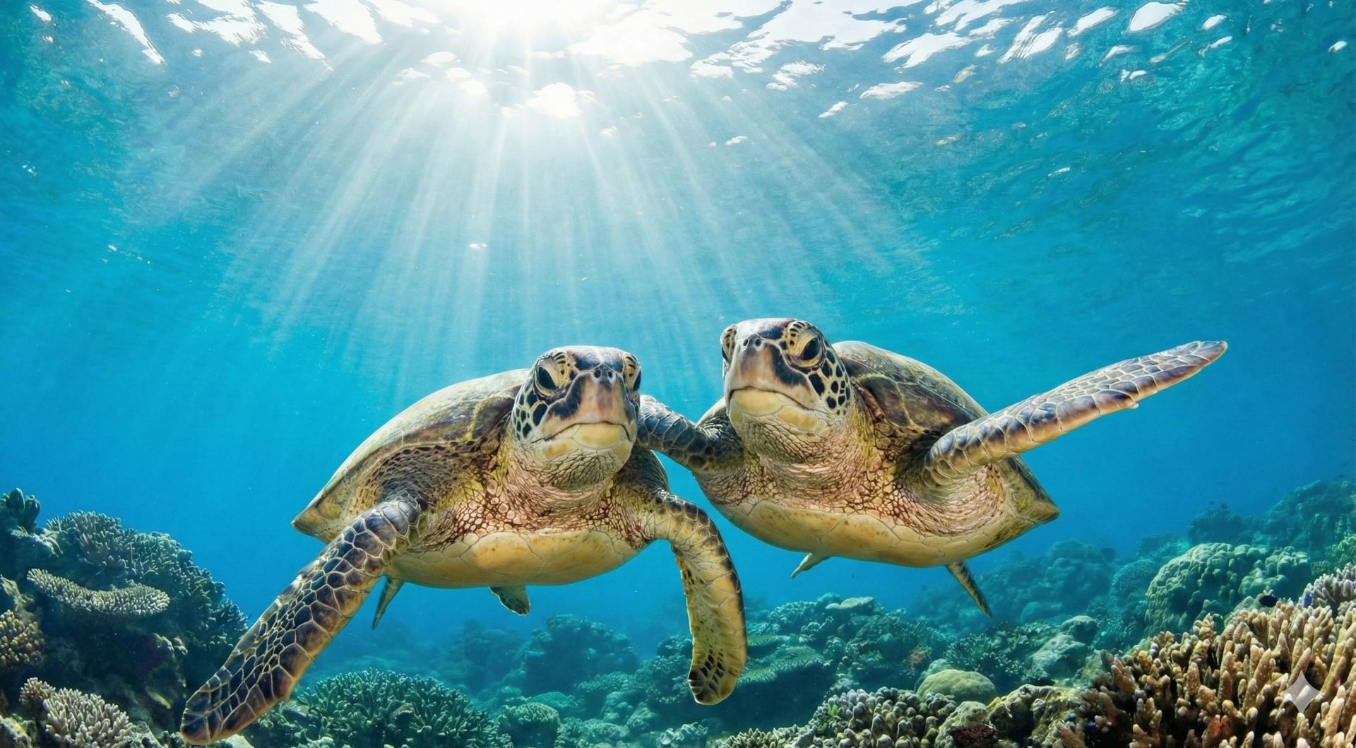 Two sea turtles swimming together in the clear waters of Miyakojima